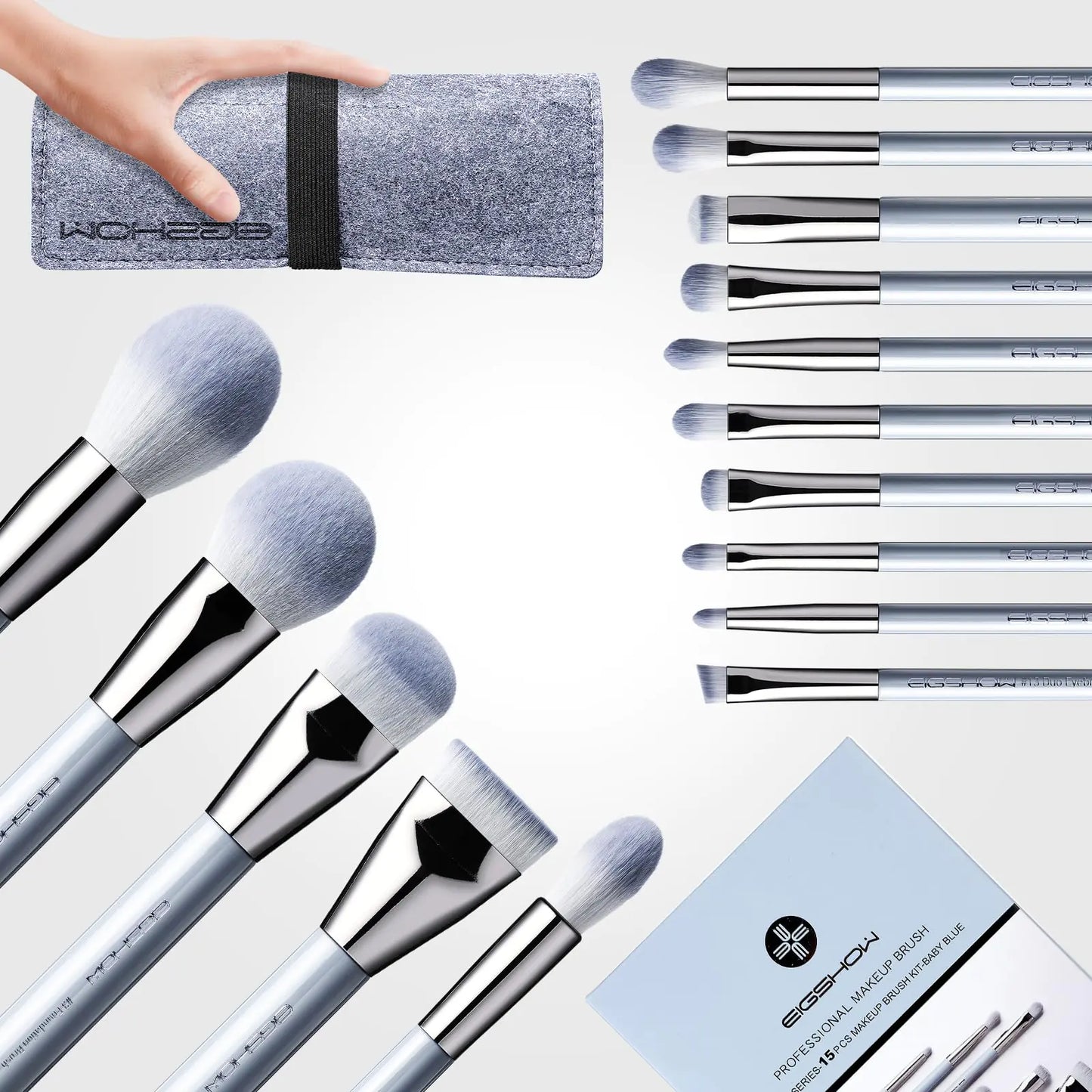 AlluraOne™ EIGSHOW 15pc Professional Makeup Brush Kit - BABYBLUE