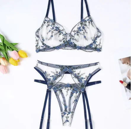 AlluraOne™ Floral Embroidered Blue Lace Lingerie Set (One Set)