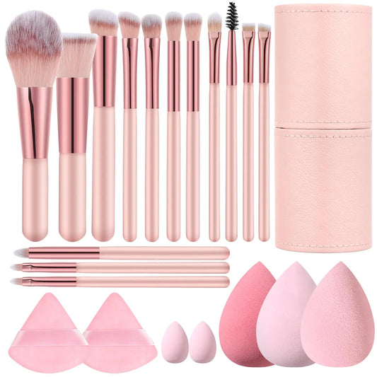 AlluraOne™ 14-Pc Mini Pink Makeup Brush Set with Case & Sponges