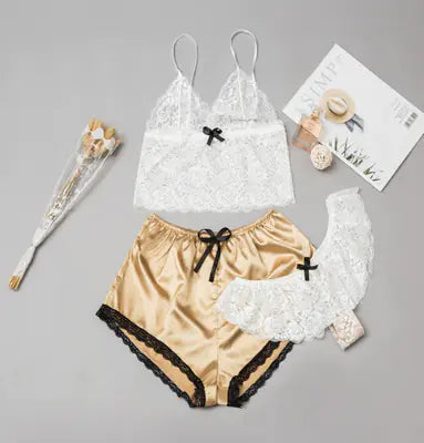 AlluraOne™ 3-Piece Pajama Set with Lace Lingerie and Shorts