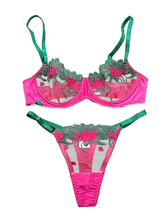 AlluraOneâ„¢ Lilosy Floral Embroidered Sheer Mesh Underwire Lingerie Set in Hot Pink