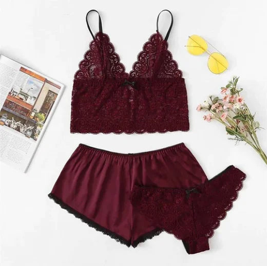 AlluraOne™   3-Piece Pajama Set with Lace Lingerie and Shorts