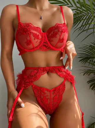 AlluraOne™   Elegant Red Lace Lingerie Set