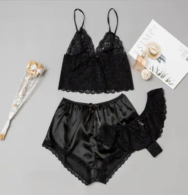 AlluraOne™   3-Piece Pajama Set with Lace Lingerie and Shorts