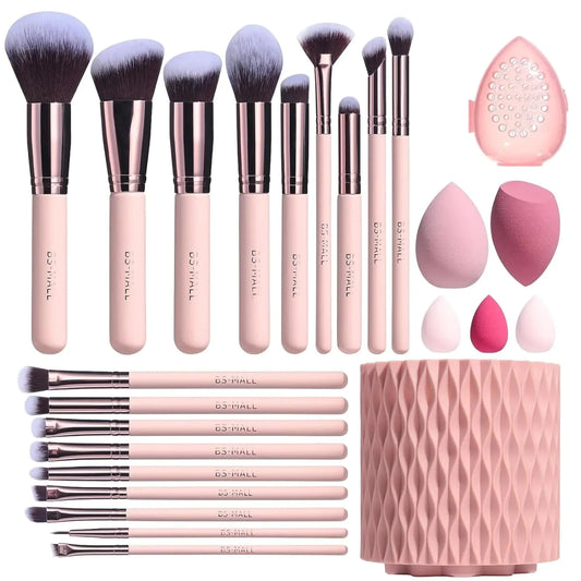 AlluraOne™   BS-MALL Premium Synthetic 18-Piece Makeup Brush Kit with Sponges - Pink