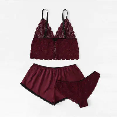 AlluraOne™   3-Piece Pajama Set with Lace Lingerie and Shorts