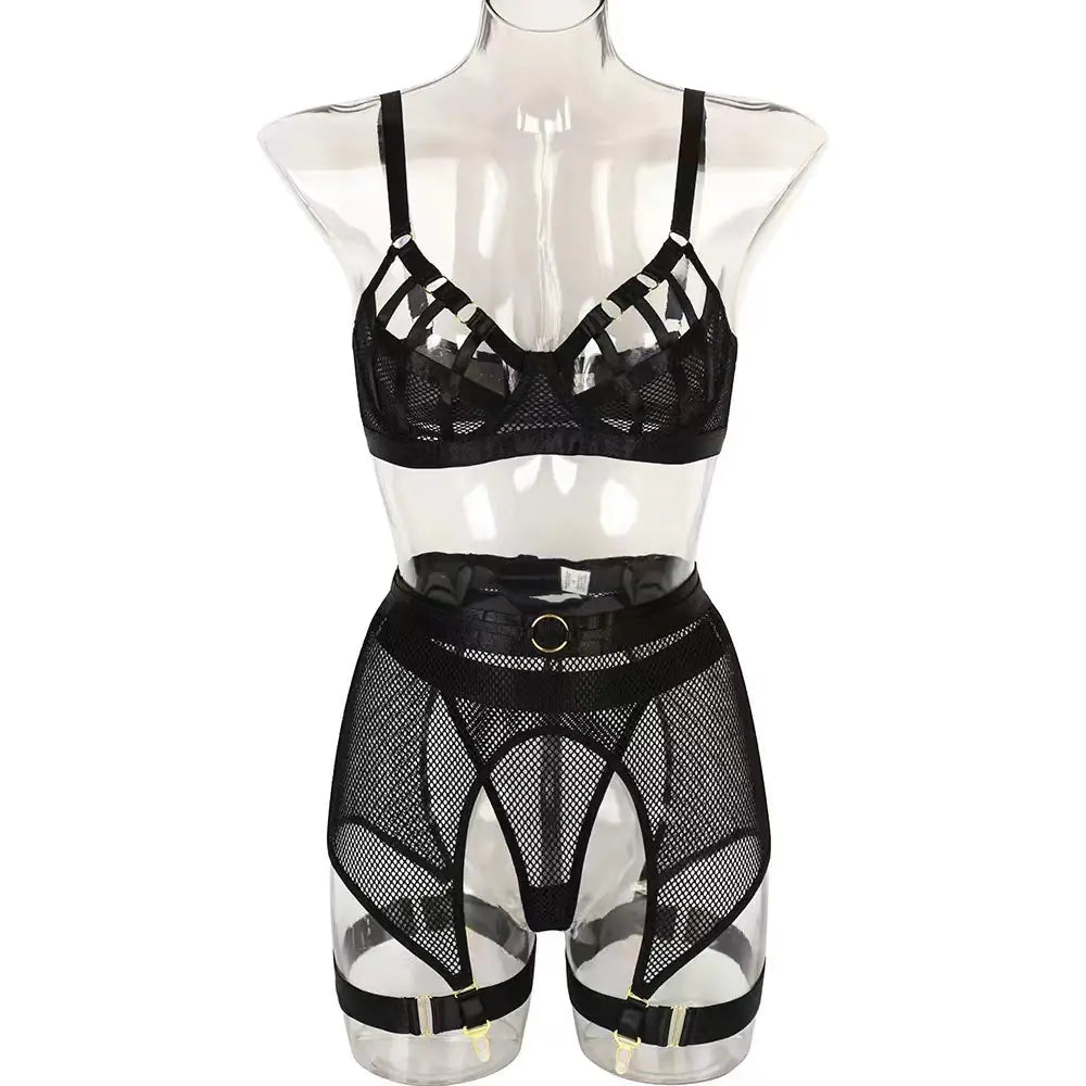 AlluraOne™   Fashionable Hollow Lace Lingerie Set with Metal Accents