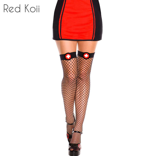 AlluraOne™   Nurse Thigh High Fishnet Stockings for Adults