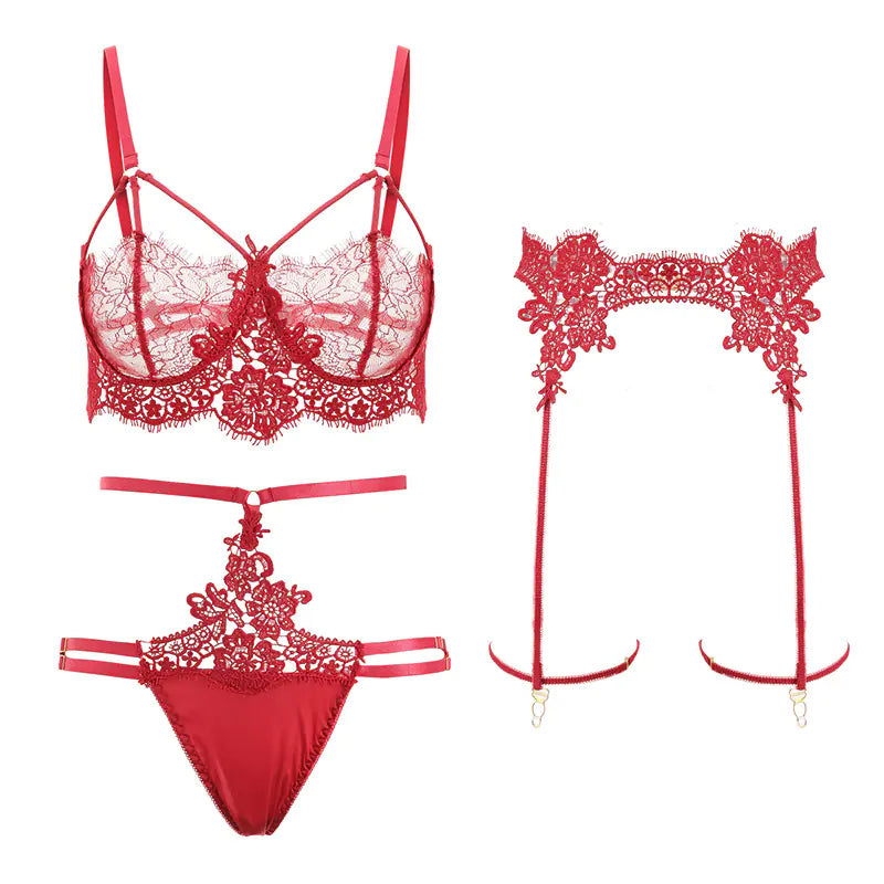 AlluraOne™   Lace Lingerie Set with Garters and Open-Crotch Design